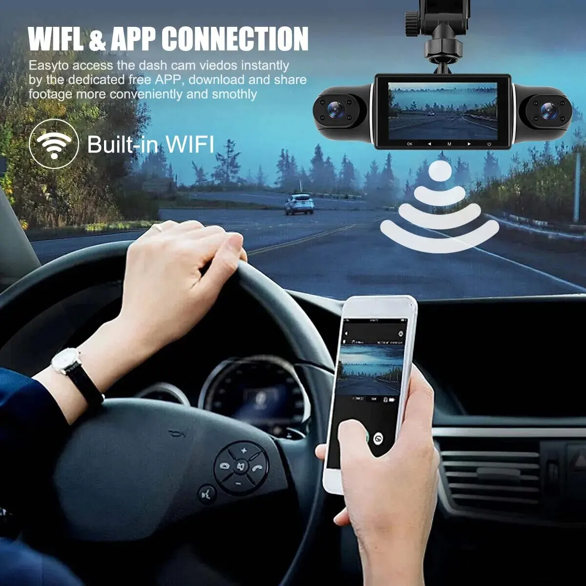 360 градусов видеорегистратор Azdome передний и внутренний 4-канальный 1080P Wi-Fi Голосовое управление ночное видение