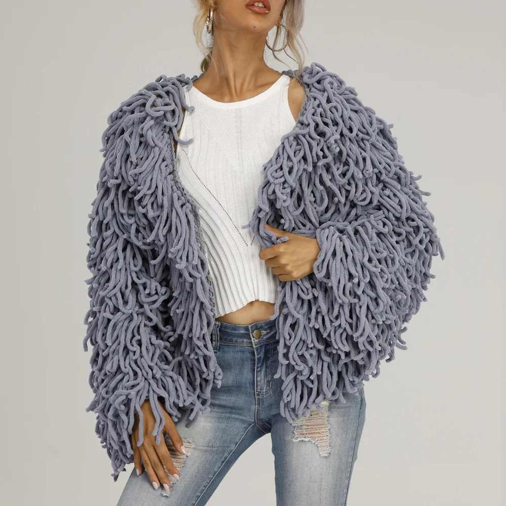 2021 Hot Popular personality woven jacket female autumn and winter tassel loose coat fashion knit cardigan