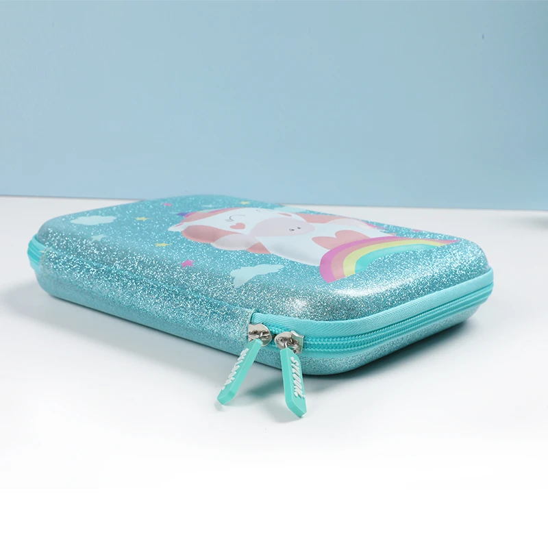 Cute Custom Logo Blue Glitter Pu Cover Pencil Pouch 3D Embossed Unicorn Design Pencil Case Bag For Girls