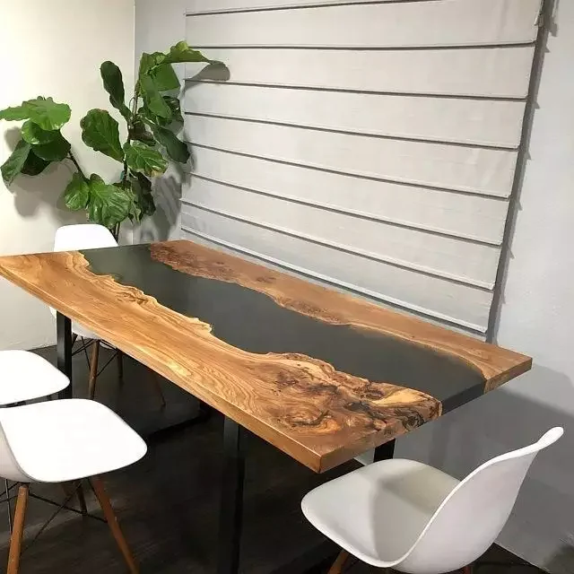 Оптовая продажа стол из эпоксидной смолы live edge твердый ореховый плоский обеденный и Набор стульев
