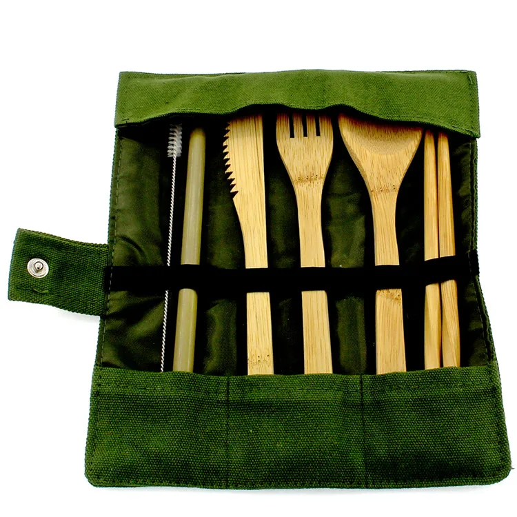 
6 Piece Travel Set Reusable Bamboo wooden Cutlery In cloth bag Case 