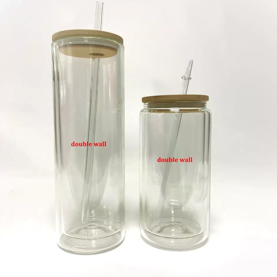 USA warehouse glitter clear beer Can Shaped pre drill 16oz 20oz blank sublimation double walled snow globe glass can cups