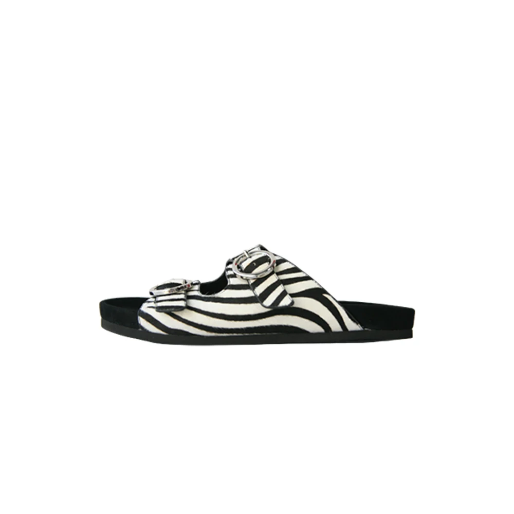 Top Quality Horsehair Upper Zebra Stripes Flat Women Sandal Slippers