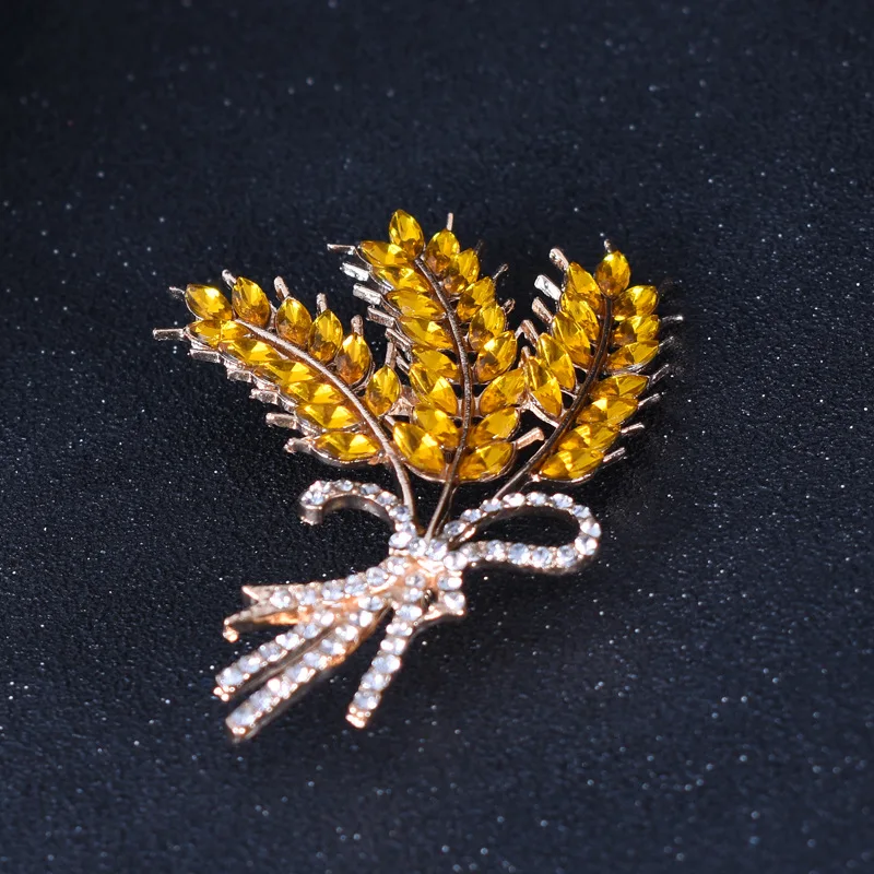 Go Party High-End Overcoat Scarf Button Brooch Jewelry Crystal Wheat Bow Brooches Pin Yellow Rhinestone Wheat Brooches Women