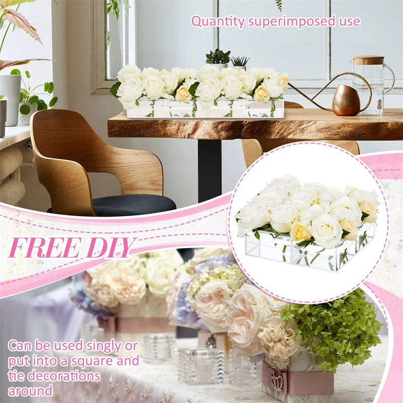 High Quality Dining Table Decorative Custom Rectangle Vase Acrylic Rose Gift Box Clear Acrylic Flower Vases