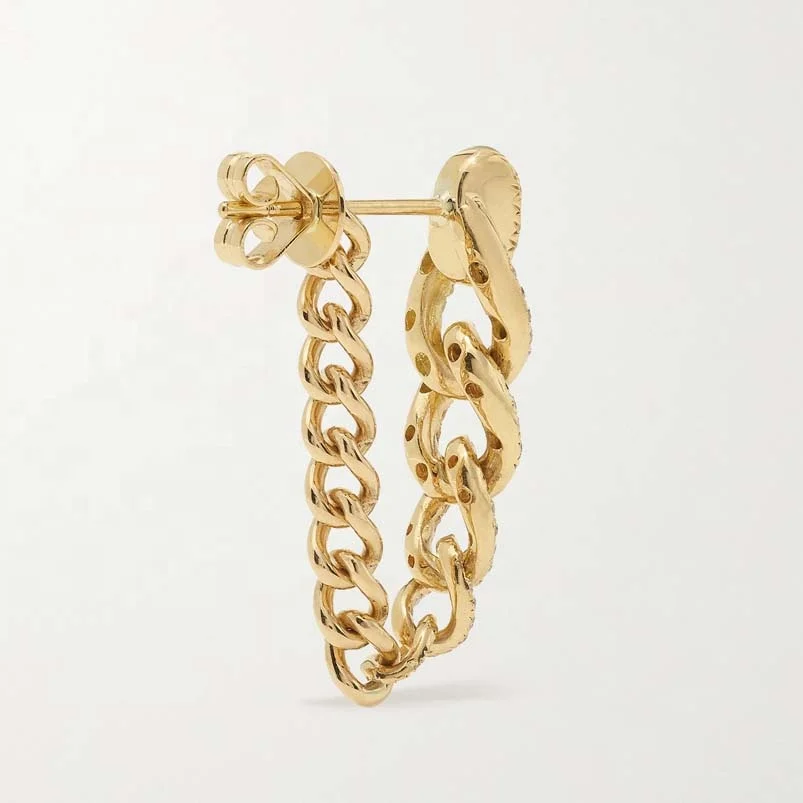 Gemnel hand-craft 18K gold  convertible left undone to hang freely with shimmering diamonds heavy curb link chain earring