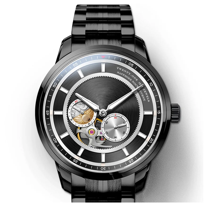 Luxury stainless steel case skeleton flywheel 24 hour show waterproof men automatic mechanical watch