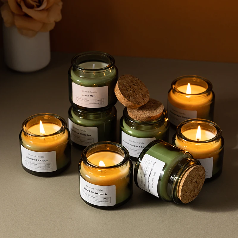 wood lid green glass small jar fragrance soy wax color gift box 70 g scented candle