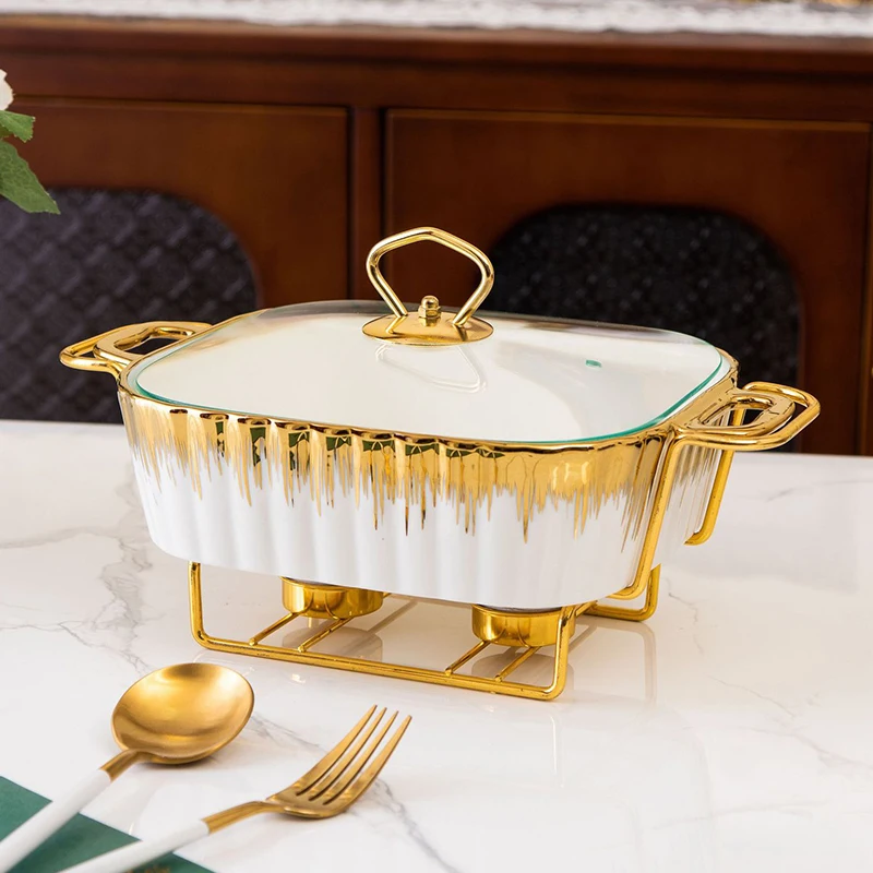 Rectangular design ceramic casserole pot tableware candle fire heating Restaurant dry soup pot with golden rack