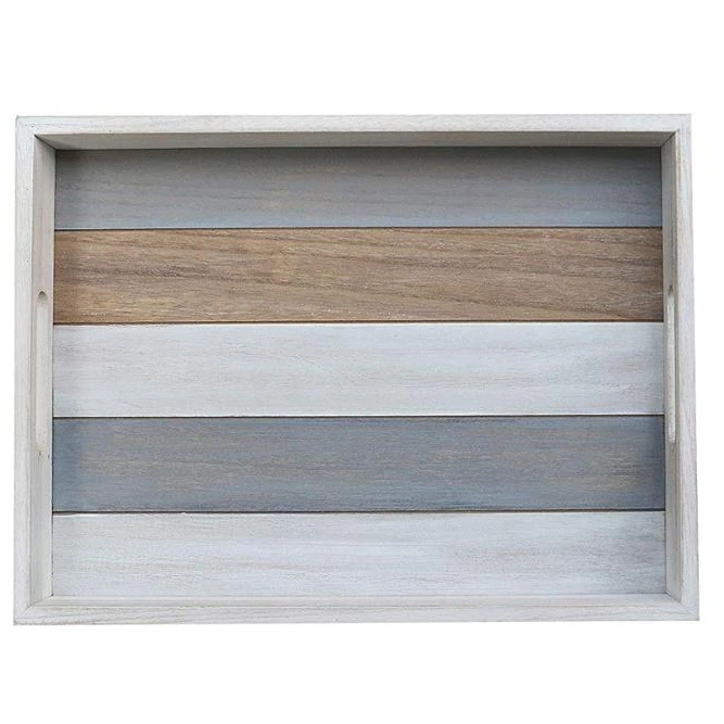 
16X12X2 Distressed White| Coffee Rustic Wooden Serving Tray with Cutout Handles 
