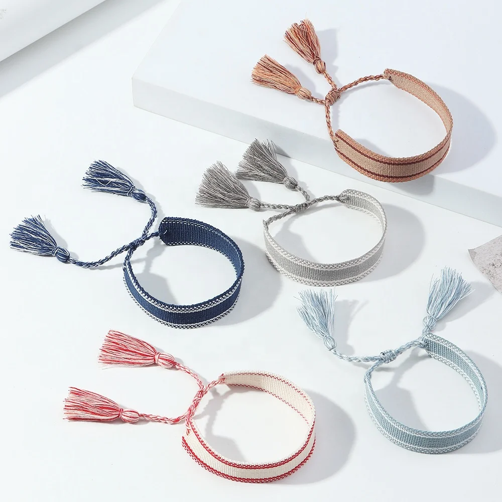 Bohemian Customized Handmade Adjustable Braided Woven Tassel Bracelet With Embroidery Logo