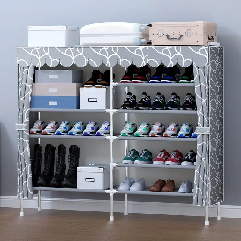 Promotion Price 2-column Storage Shelf for boots and sneakers portable fabric metal shoe rack with fabric cloth cover