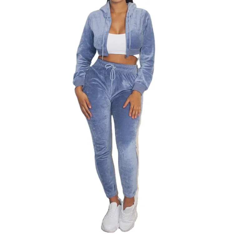 High Quality Winter Two Piece Velvet Sweatsuit Custom Full Zip Up Crop Velour Tracksuit For Women