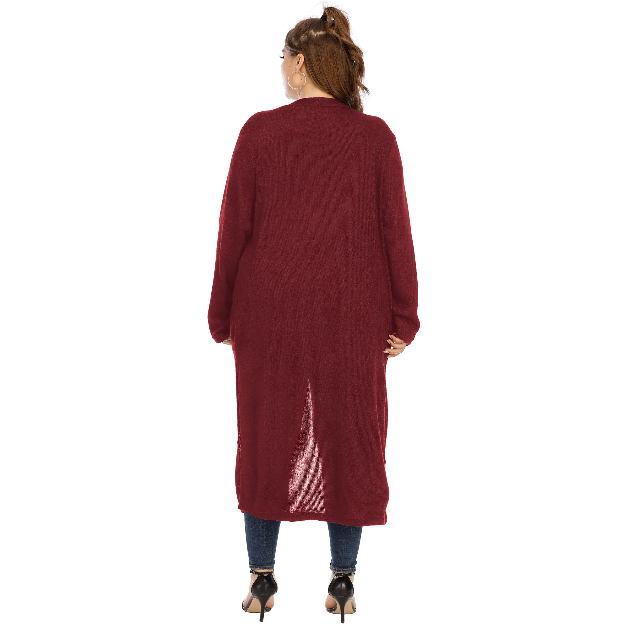 Custom Plus Size Women Clothing Long Sleeve Open Front Midi Cardigan Sweater Coat with Slit