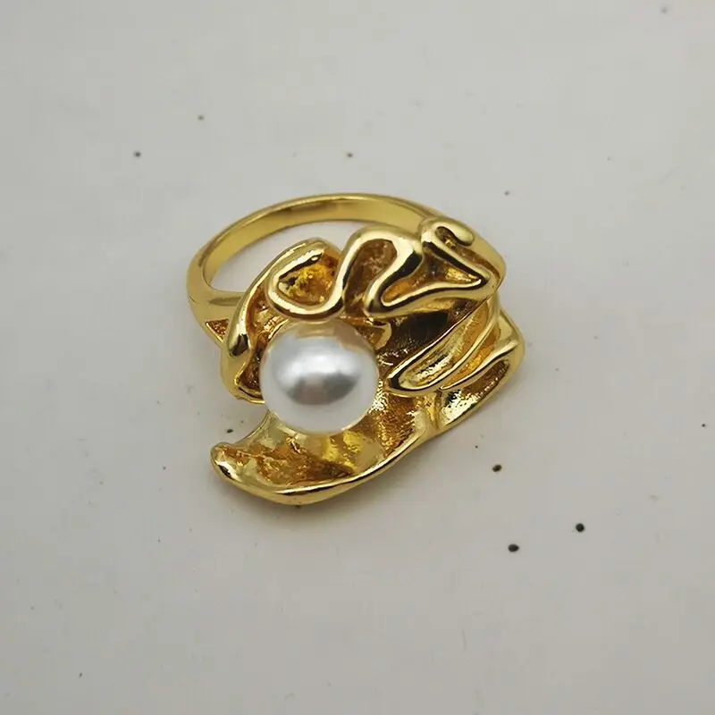 Brass 18K Gold Plated Imitation Pearl Folded Irregular Rings for Women