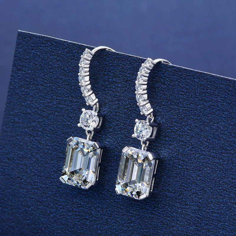 Women Fine Jewelry 8x11mm 4.0ct 10mm Zircon Cubic S925 Sterling Silver Classic Emerald Cut Created Diamond Drop Hook Earrings