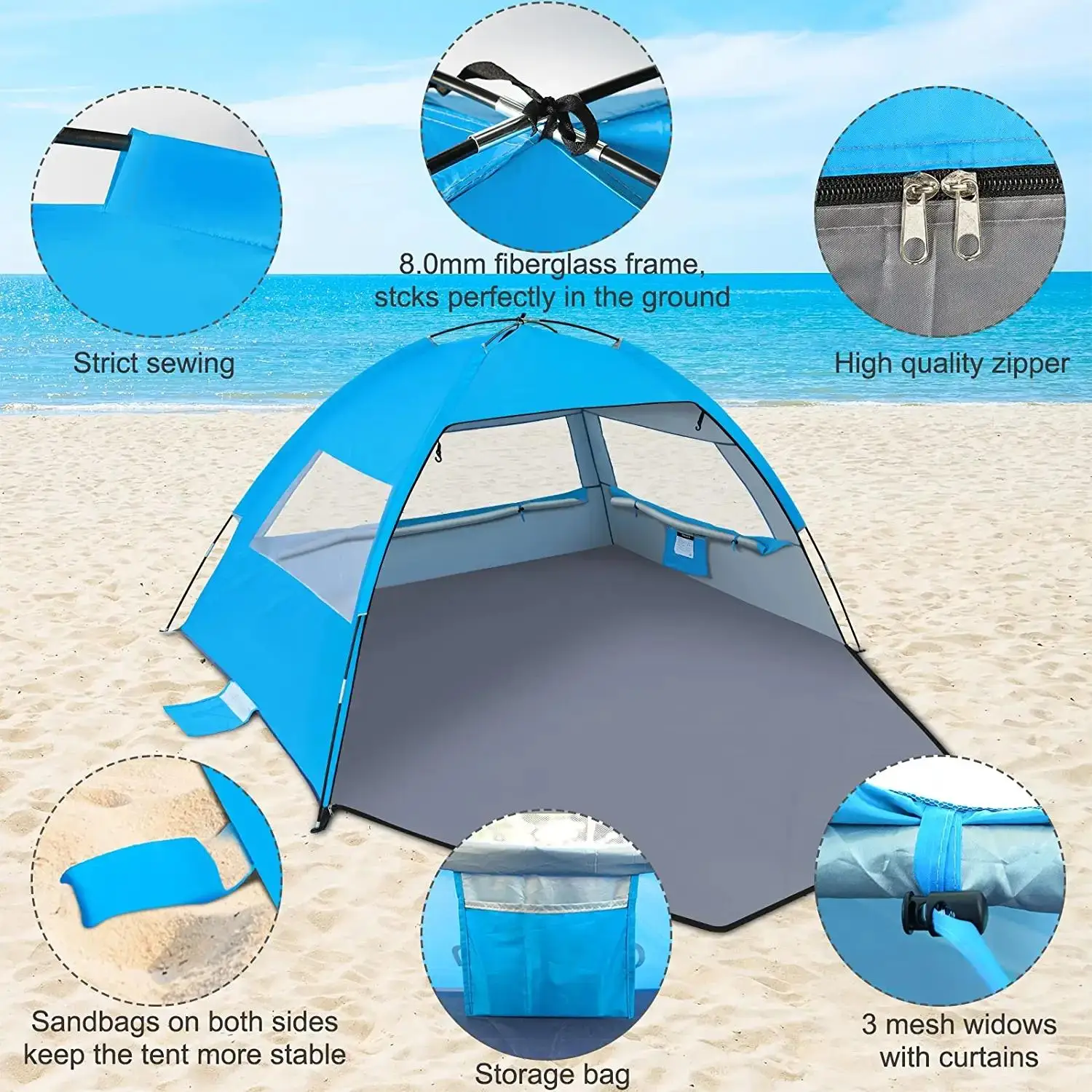 NPOT Beach Tent with UPF 50+ UV Protection Portable Beach Tents Sun Shelter Canopy Lightweight & Easy Setup for 3-4/5-6person