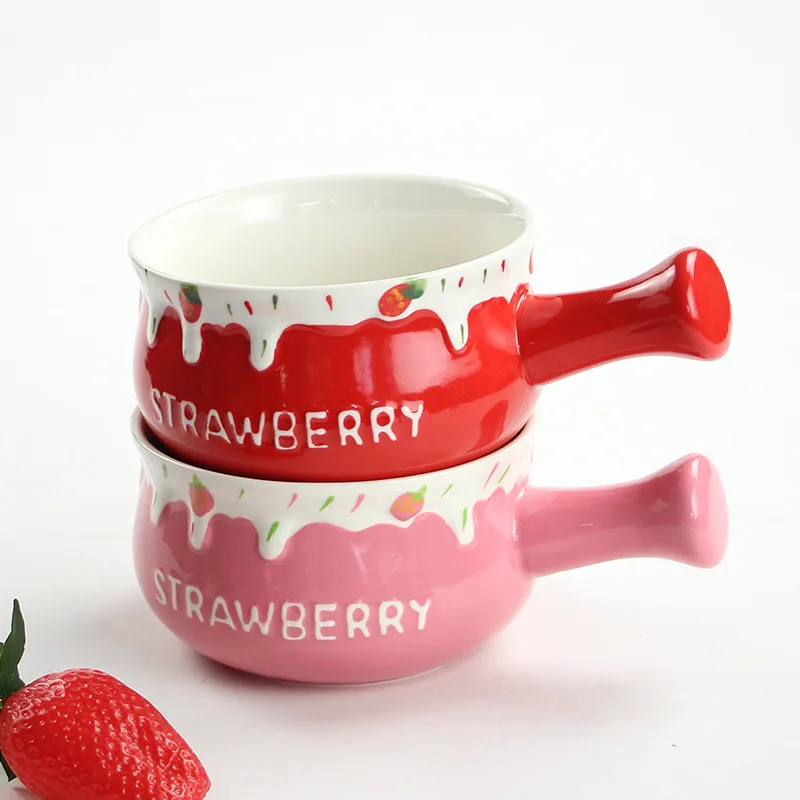 Creativity Stoneware Single Handle Breakfast Salad Bowls Bright Color Dot Design Ceramic Soup Bowl With Handle Oven Safe