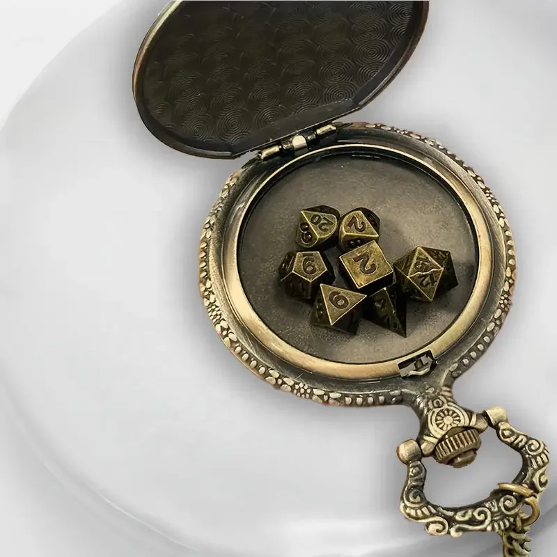 7pcs Portable Mini Role Playing Dice with Pocket Watch Shell, Cards Board Game Polyhedral Metal Dice Set