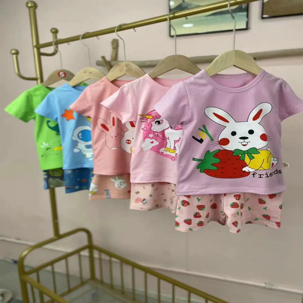 1.38 Dollars Model HMK019 Sets Size 55-65 Years Homewear Cotton Girls Clothes Baby Kids Clothing Sets With Prints