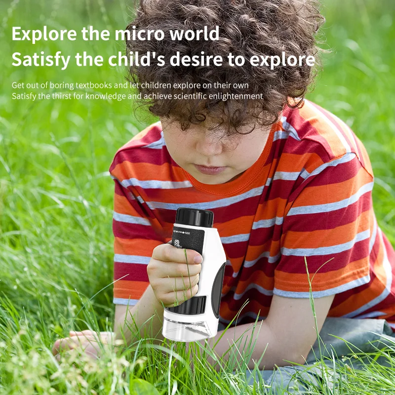 60-300x Kids Science LED Light Mini Plastic Handheld Microscope Toy Kit Educational Outdoor Toy for Children