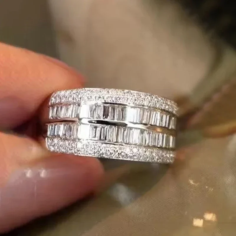 CAOSHI OEM Delicate Bright Geometric Crystal 3A Zircon Wide Finger Rings For Engagement Wedding Silver Plated CZ Rings For Women