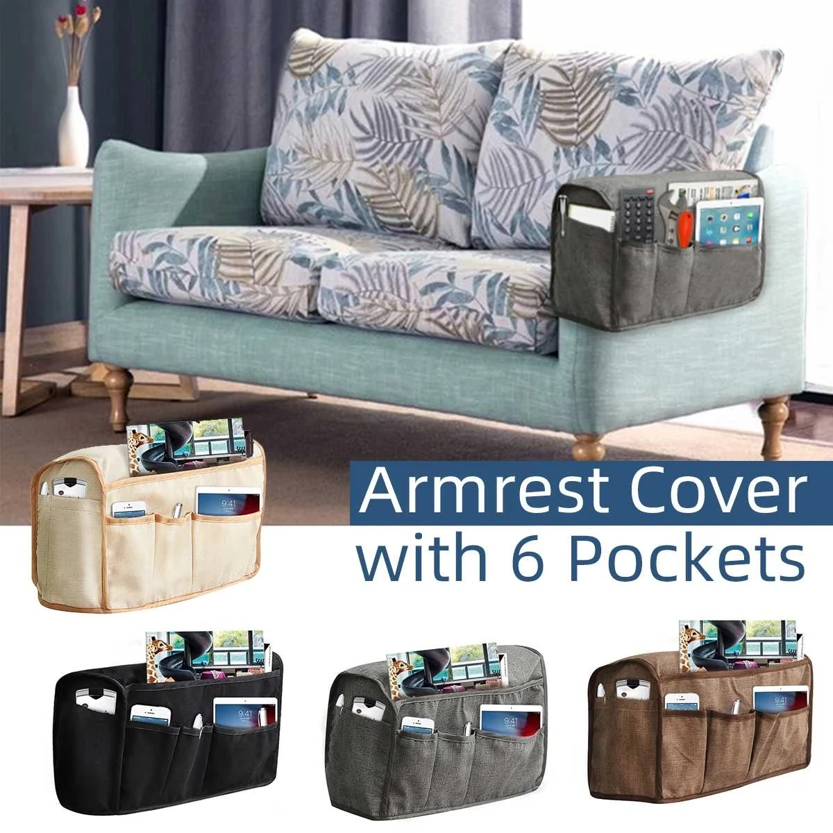 Armchair Caddy Slip Sofa Armrest Organizer with 14 Pockets Storage for Magazine Tablet Phone Chocolate Books TV Remote Control