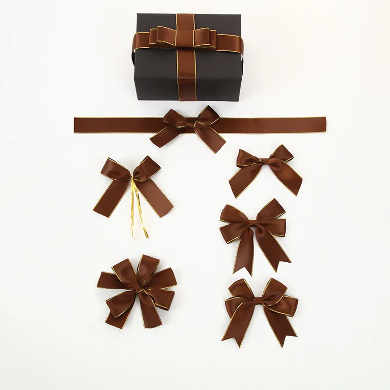 Custom Chocolate Bow Brown Satin Ribbon Bows with Adhesive and Elastic band for Chocolate Box and Bags