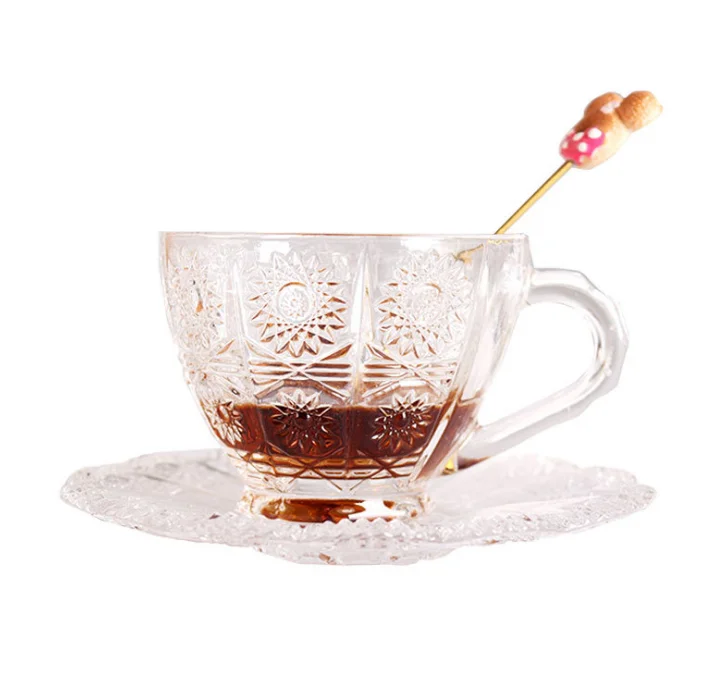 Crystal jade European style retro relief sunflower glass  coffee cup set home glass cup water cup breakfast oatmeal cup