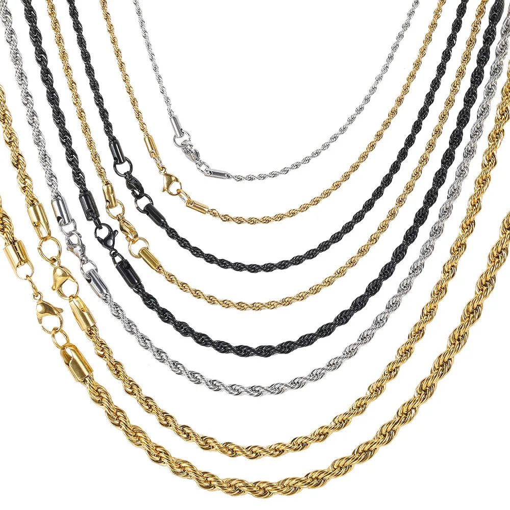 2MM 2.5MM 3MM 4MM 5MM 6MM Stainless Steel 18K Gold Plated Rope Chains Twist Chain Hip Hop Necklace Jewelry For Men Women 2MM 2.5