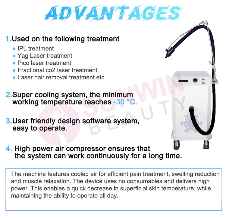 Tattoo Removal Vertical Pain Relief Cryo Therapy Skin Cooling Device Zimmer Cold Air Skin Cooler Avoid Thermal Injury Machine