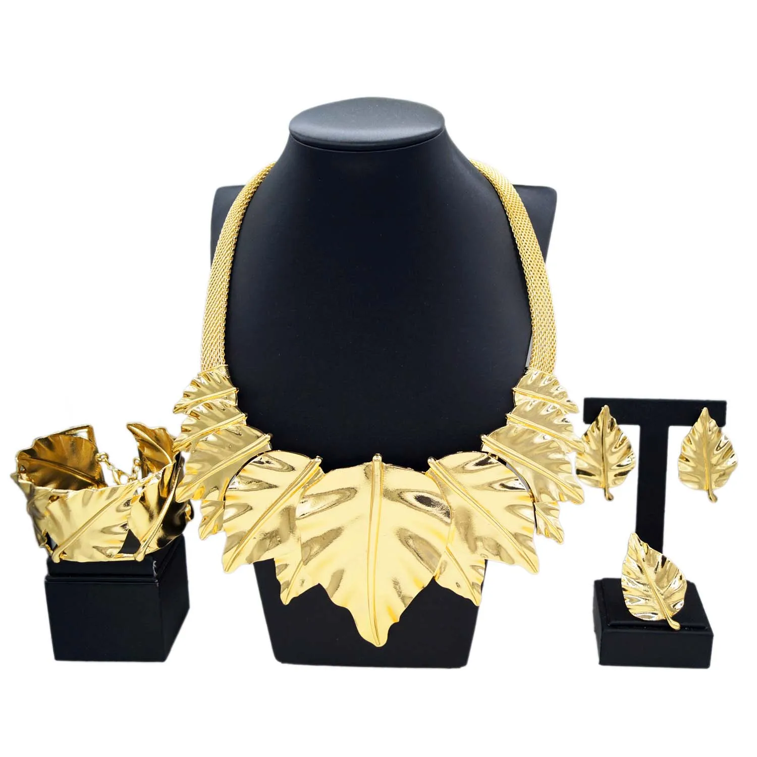 Yulaili fashion charm dubai 24k gold bridal big leaf shape jewelry wholesale cheap hoop earrings woman party Set Italian style