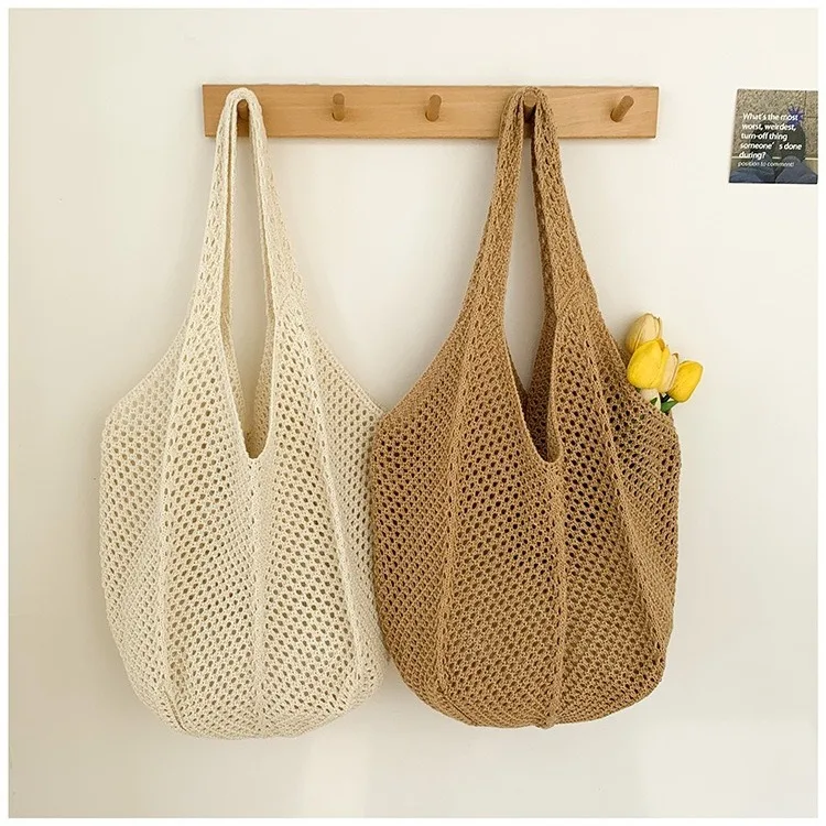Woven Crochet Knitted Hand Tote Bag Multiple Colors Women Mesh Beach Bags Crochet Knitted Tote Bag