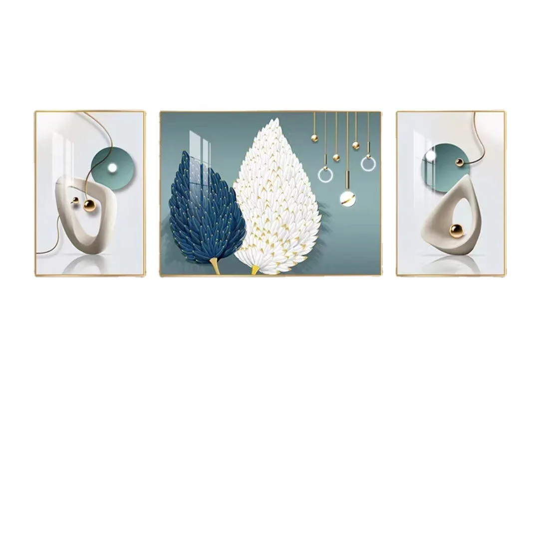 Living Room Decoration Painting Modern Simple Abstract 3pcs Mural Light Luxury Feather Crystal Porcelain Painting