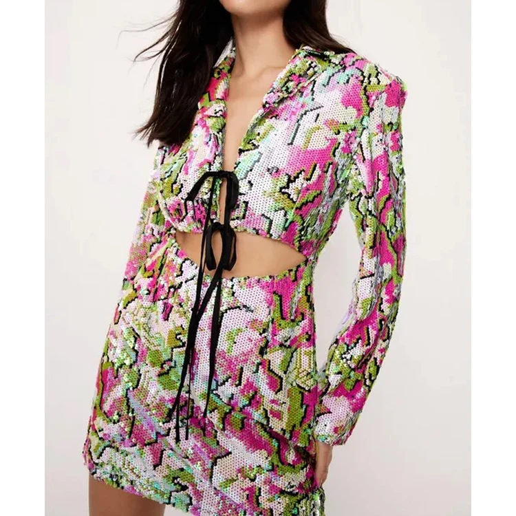 Custom 2023 trend lady fashion vintage elegant winter luxury long sleeve v neck sequins blazer mini clothes dress for women