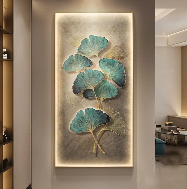 Modern Luxury Ginkgo Leaf Plant with LED Light Diamond crystal porcelain painting wall art frame home decor luxury