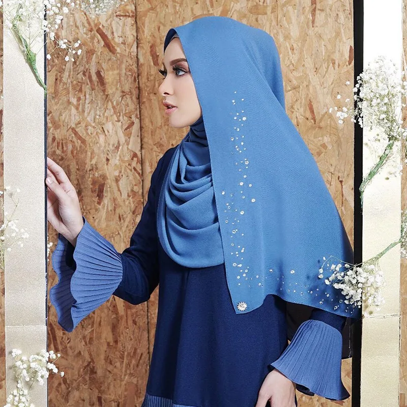 Pretty Water Drop Pattern Crystal Stone Shawl Chiffon Voile Scarf Indonesian Women Kerudung