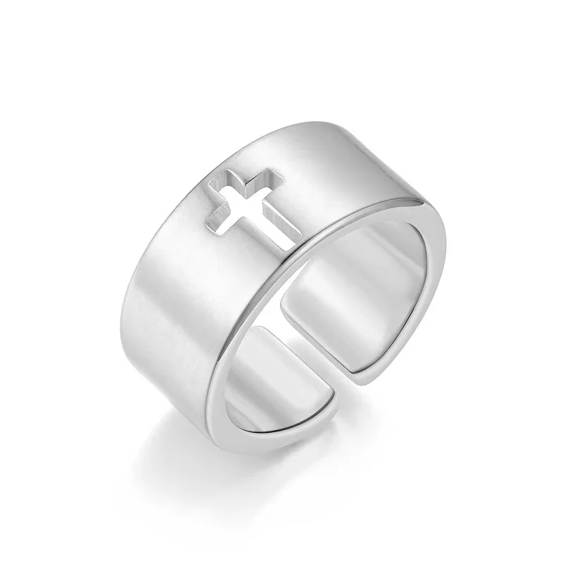 Stainless steel cross design adjustable ring simple gold-plated jewelry ring for women, men engagement gift ring