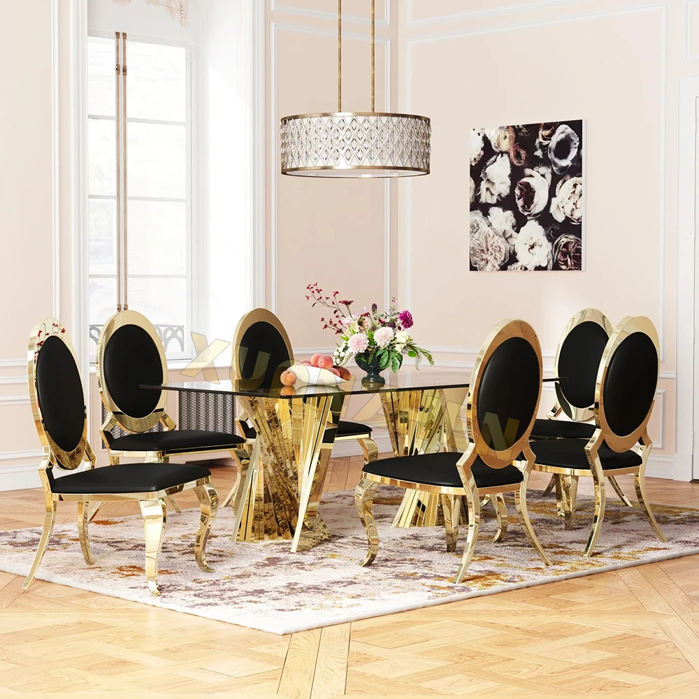 Dinning room furniture Gold stainless steel frame glass top luxury dining table set 6 chairs dining tables