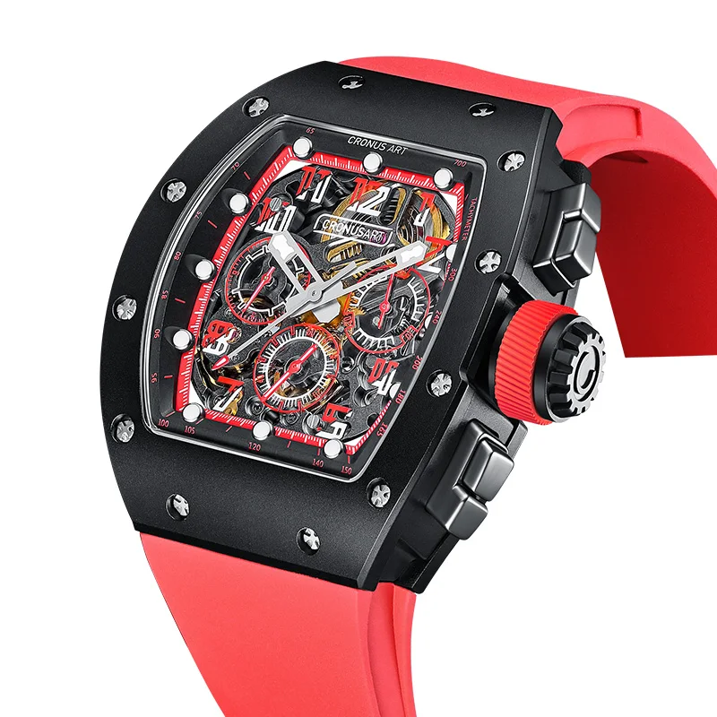 Red color Carbon Automatic Mechanical Watch for Men - Luxury Fashion Watch with Hollow Design