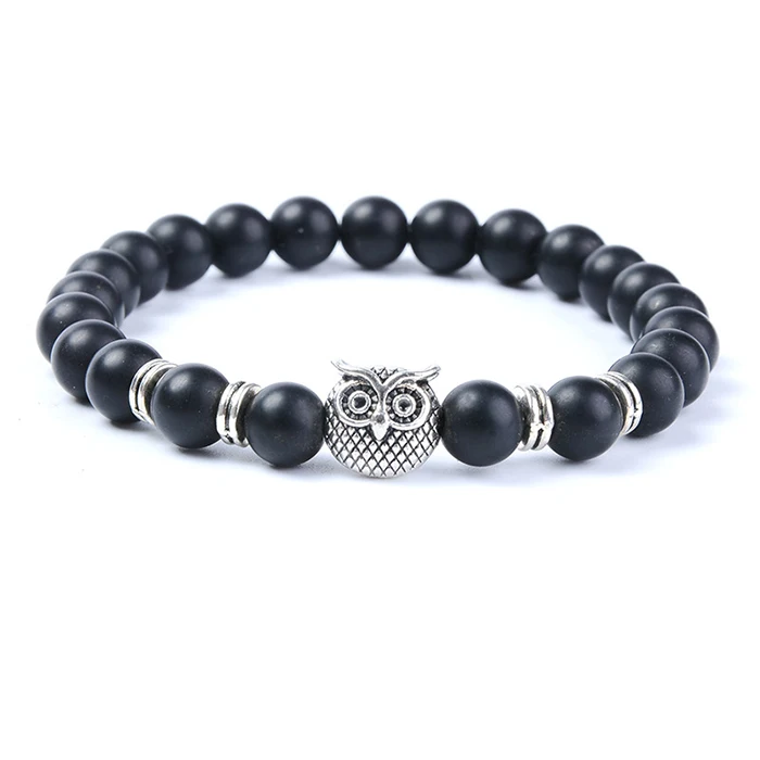 custom stretch owl charm natural black stone beaded chain jewelry bracelet for men