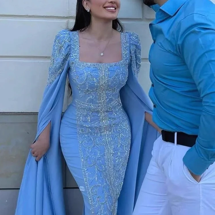 Blue Muslim Elegant Mermaid Cape Sleeves Evening Dresses Arabic Beaded Gowns 2023 For Women Wedding Party