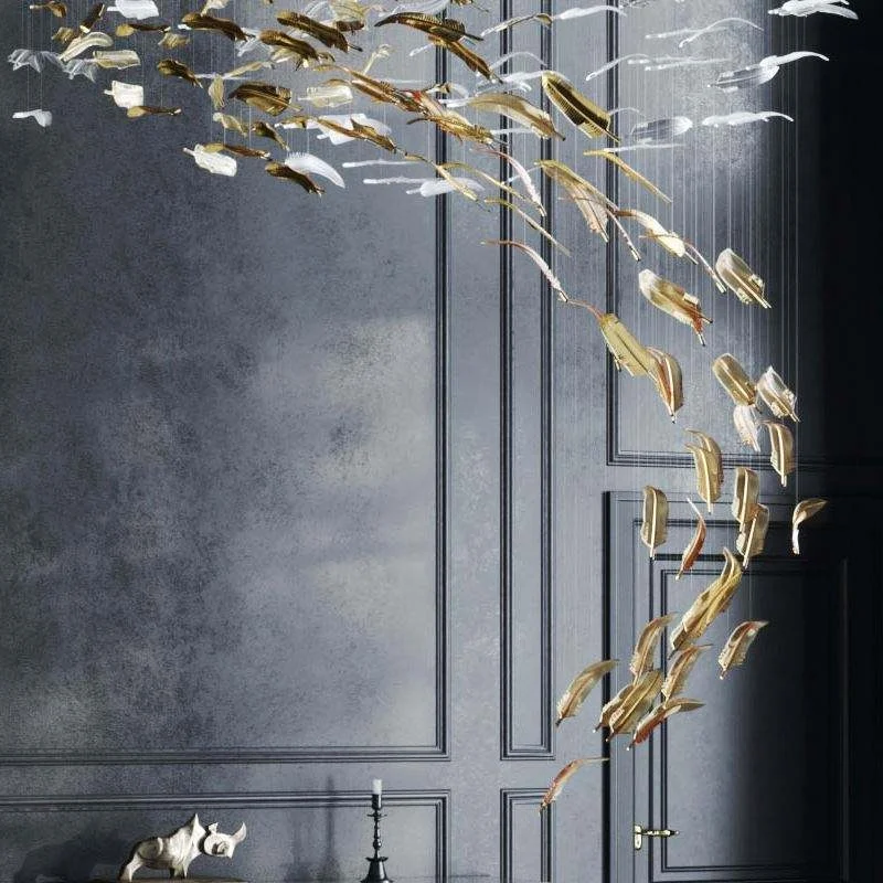 Customized Indoor Decoration Hotel Hanging Glass Feather Leaf Pendant Lamp Modern Chandelier