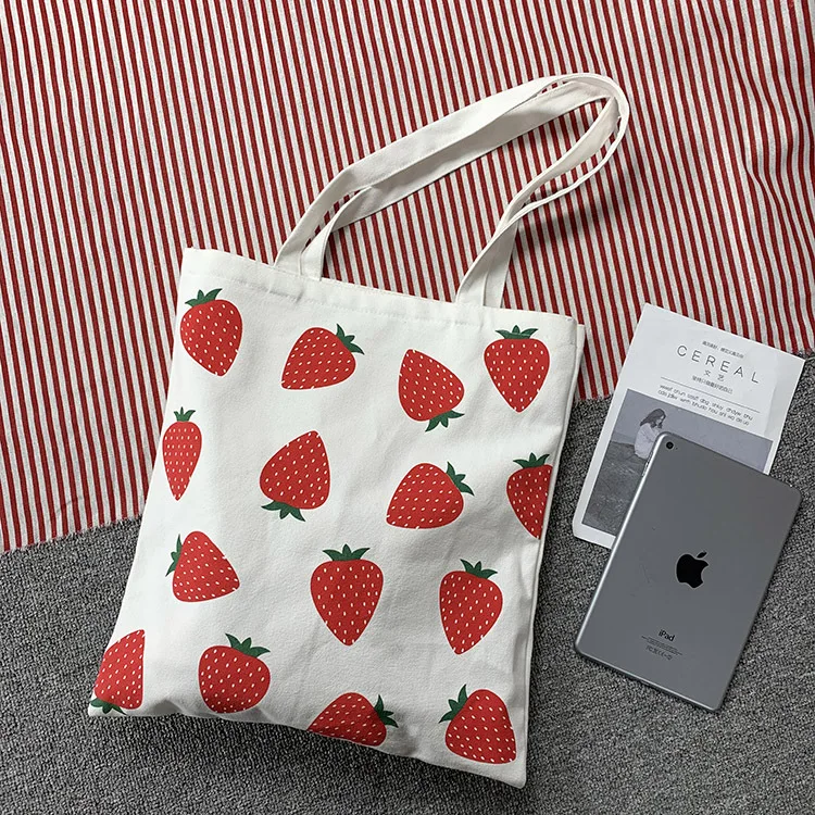 2024 new strawberry printed canvas bag, college student ins shoulder bag, large capacity canvas book bag