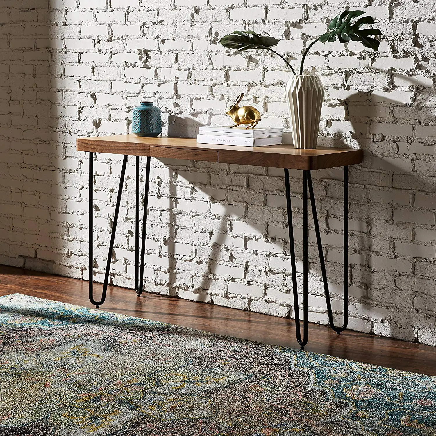 Chinese industrial modern Walnut wood console bar table furniture with metal hairpin legs