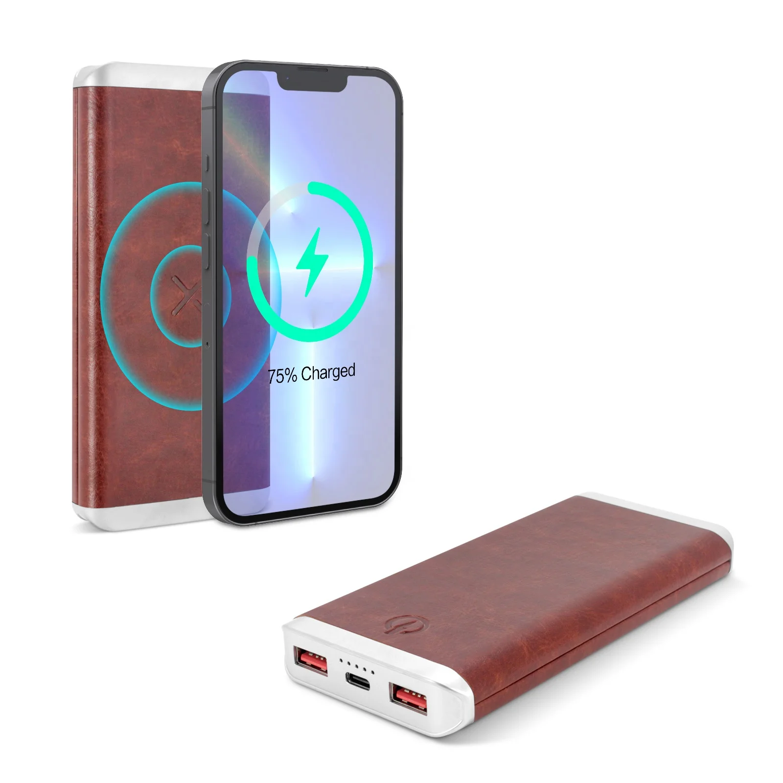 Gadgets electronic Wireless Charger Power Bank With Type-C & Dual USB Outputs PU Leather Power Bank 10000mAh
