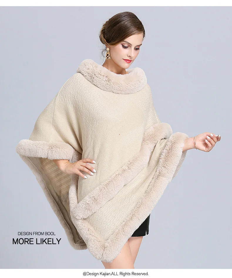 Winter Ponchos And Capes latest fashion faux fur trimmed hooded knitted Poncho Sweater poncho for women