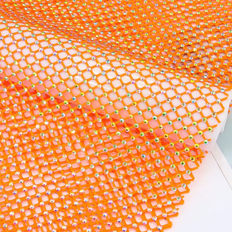 Fishnet Fabric with Shiny Crystal Rhinestones Soft Elastic Mesh Fabric Cuttable and Spliced Color Diamond Fabric