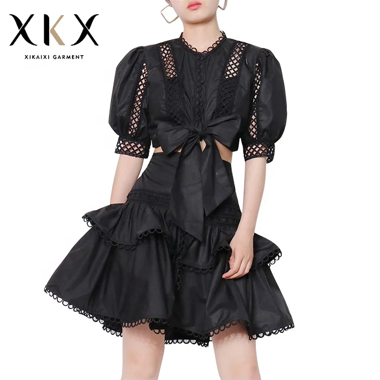 2021 Summer Hollow Lantern Sleeve Tie Shirt Waist Mid-length Ruffled Lace Trim Skirt Set