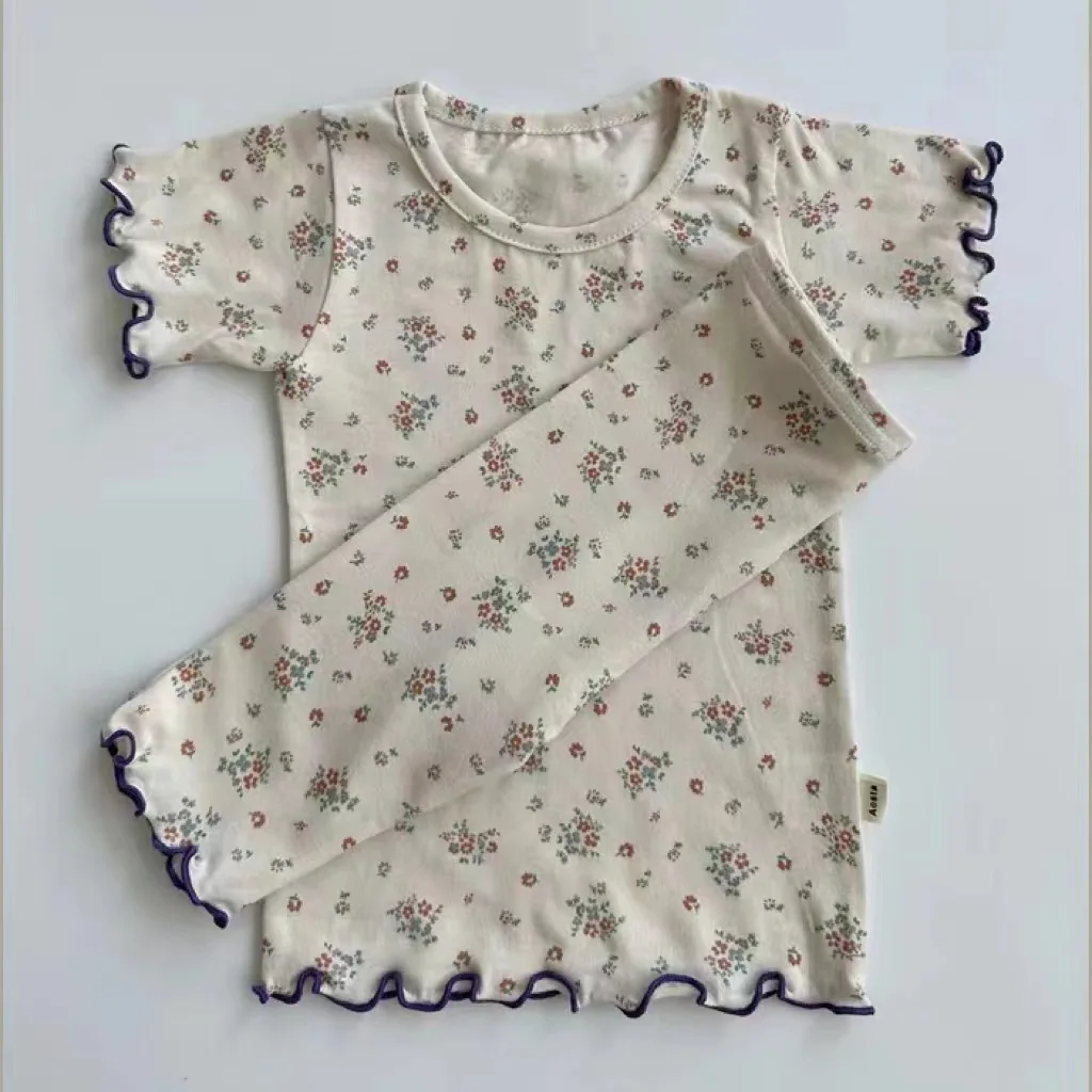 2023 Baby Girl Cute Fragmented Flower Ear Edge Short Sleeve Top Shorts Home Suit Set